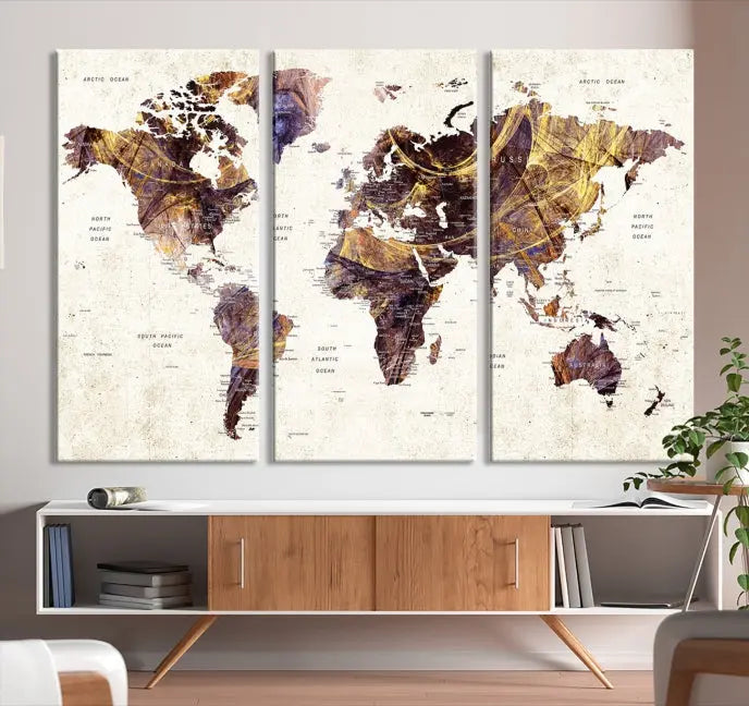 A Watercolor World Map Canvas Print, crafted with museum-quality polycotton canvas and featuring earthy tones, is professionally hand-assembled for a flawless finish. This art piece comes ready to hang, seamlessly merging art with elegance.