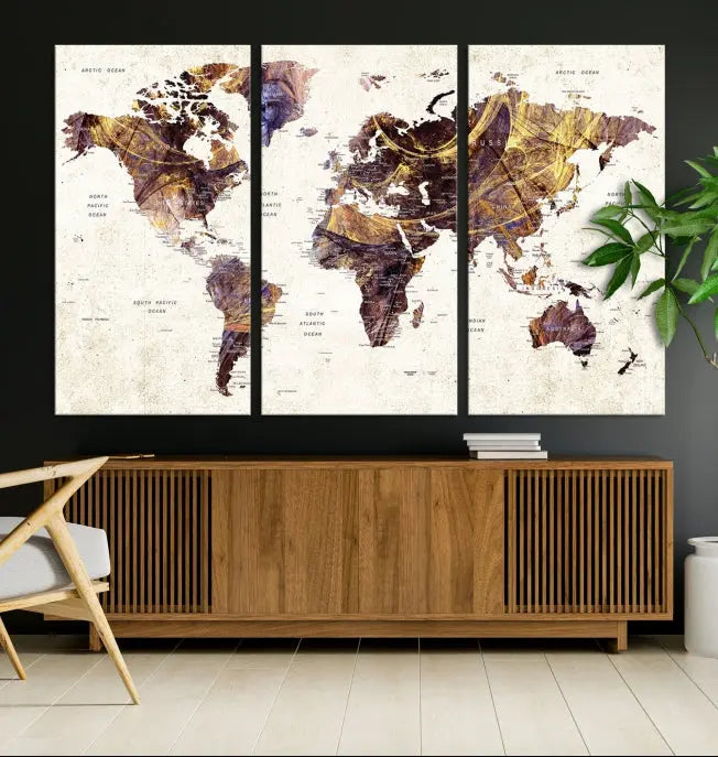 A Watercolor World Map Canvas Print, crafted with museum-quality polycotton canvas and featuring earthy tones, is professionally hand-assembled for a flawless finish. This art piece comes ready to hang, seamlessly merging art with elegance.