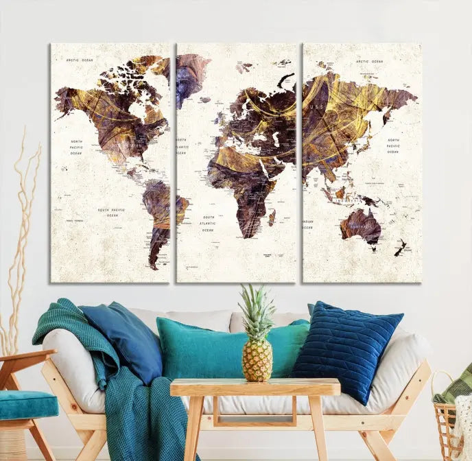 A Watercolor World Map Canvas Print, crafted with museum-quality polycotton canvas and featuring earthy tones, is professionally hand-assembled for a flawless finish. This art piece comes ready to hang, seamlessly merging art with elegance.