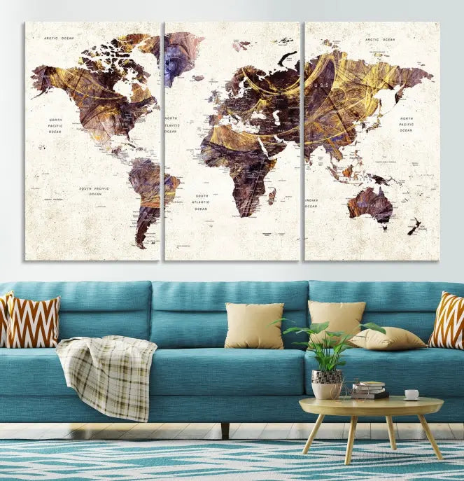 A Watercolor World Map Canvas Print, crafted with museum-quality polycotton canvas and featuring earthy tones, is professionally hand-assembled for a flawless finish. This art piece comes ready to hang, seamlessly merging art with elegance.