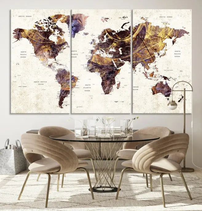 A Watercolor World Map Canvas Print, crafted with museum-quality polycotton canvas and featuring earthy tones, is professionally hand-assembled for a flawless finish. This art piece comes ready to hang, seamlessly merging art with elegance.