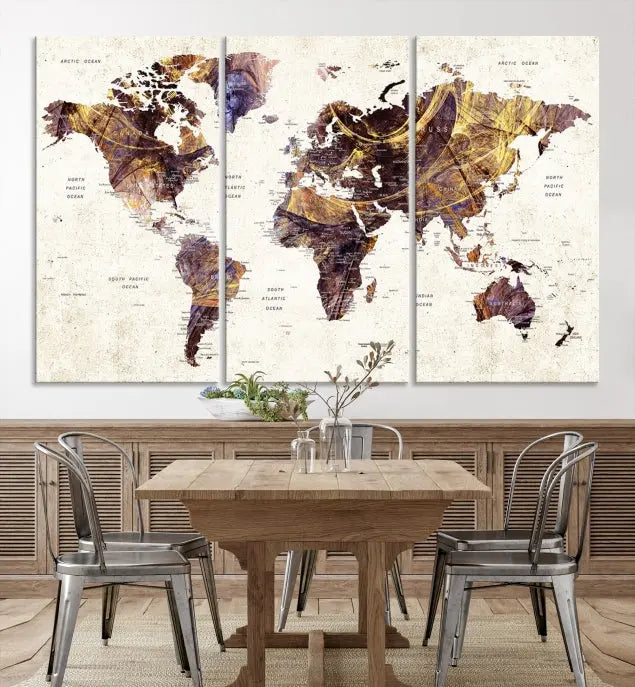 A Watercolor World Map Canvas Print, crafted with museum-quality polycotton canvas and featuring earthy tones, is professionally hand-assembled for a flawless finish. This art piece comes ready to hang, seamlessly merging art with elegance.