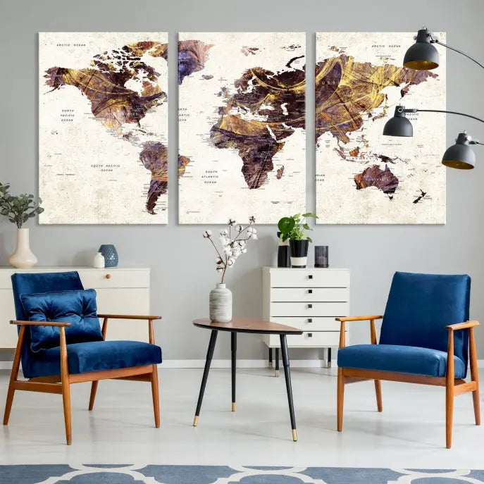 A Watercolor World Map Canvas Print, crafted with museum-quality polycotton canvas and featuring earthy tones, is professionally hand-assembled for a flawless finish. This art piece comes ready to hang, seamlessly merging art with elegance.