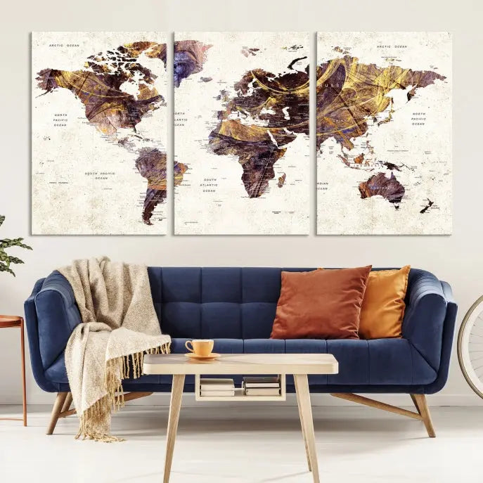 A Watercolor World Map Canvas Print, crafted with museum-quality polycotton canvas and featuring earthy tones, is professionally hand-assembled for a flawless finish. This art piece comes ready to hang, seamlessly merging art with elegance.