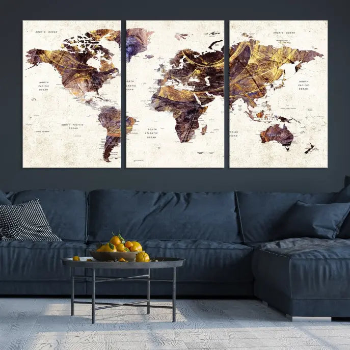 A Watercolor World Map Canvas Print, crafted with museum-quality polycotton canvas and featuring earthy tones, is professionally hand-assembled for a flawless finish. This art piece comes ready to hang, seamlessly merging art with elegance.