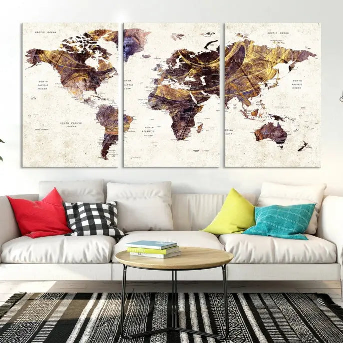 A Watercolor World Map Canvas Print, crafted with museum-quality polycotton canvas and featuring earthy tones, is professionally hand-assembled for a flawless finish. This art piece comes ready to hang, seamlessly merging art with elegance.