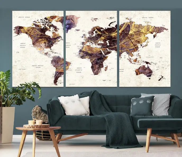 A Watercolor World Map Canvas Print, crafted with museum-quality polycotton canvas and featuring earthy tones, is professionally hand-assembled for a flawless finish. This art piece comes ready to hang, seamlessly merging art with elegance.