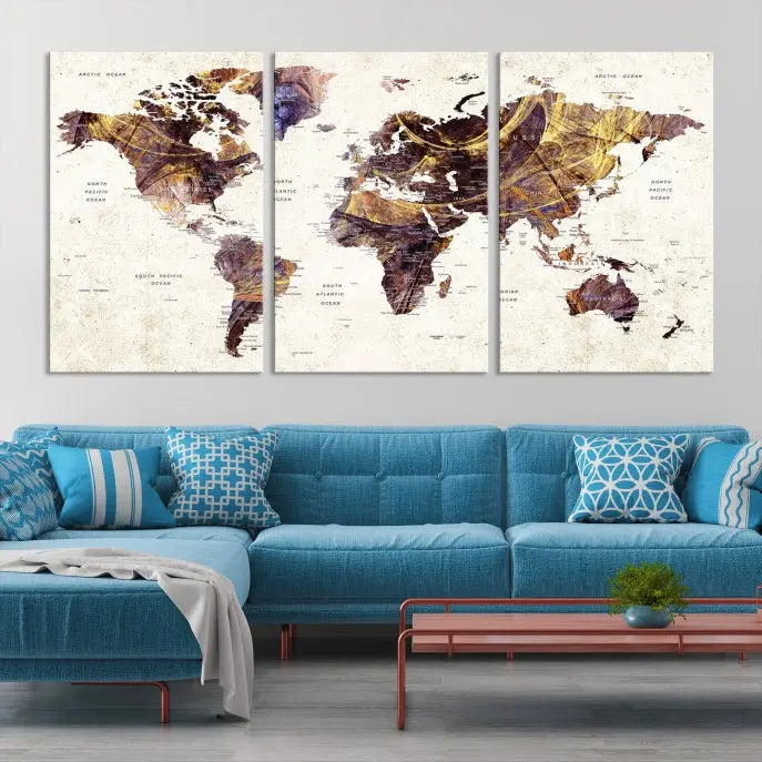 A Watercolor World Map Canvas Print, crafted with museum-quality polycotton canvas and featuring earthy tones, is professionally hand-assembled for a flawless finish. This art piece comes ready to hang, seamlessly merging art with elegance.