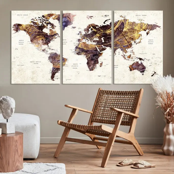 A Watercolor World Map Canvas Print, crafted with museum-quality polycotton canvas and featuring earthy tones, is professionally hand-assembled for a flawless finish. This art piece comes ready to hang, seamlessly merging art with elegance.