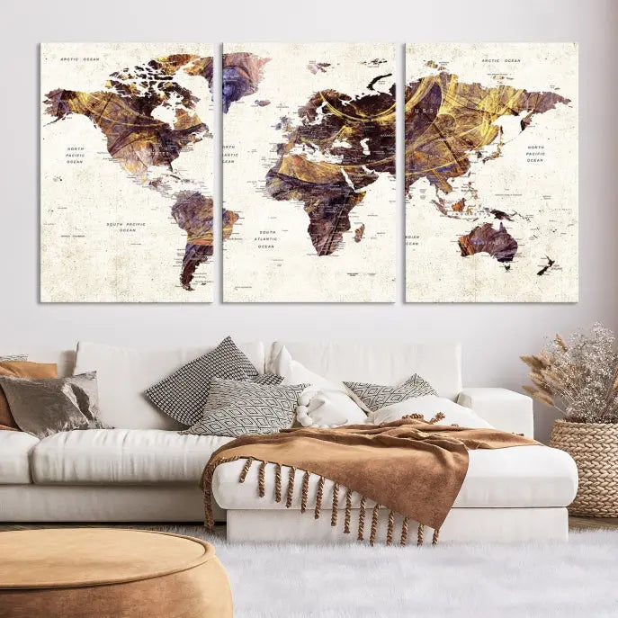 A Watercolor World Map Canvas Print, crafted with museum-quality polycotton canvas and featuring earthy tones, is professionally hand-assembled for a flawless finish. This art piece comes ready to hang, seamlessly merging art with elegance.