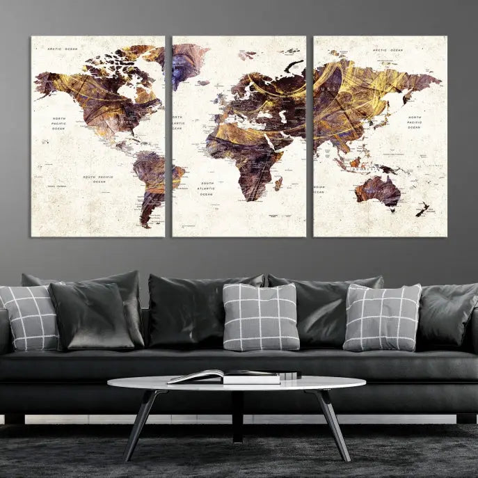 A Watercolor World Map Canvas Print, crafted with museum-quality polycotton canvas and featuring earthy tones, is professionally hand-assembled for a flawless finish. This art piece comes ready to hang, seamlessly merging art with elegance.