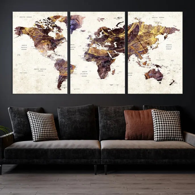 A Watercolor World Map Canvas Print, crafted with museum-quality polycotton canvas and featuring earthy tones, is professionally hand-assembled for a flawless finish. This art piece comes ready to hang, seamlessly merging art with elegance.