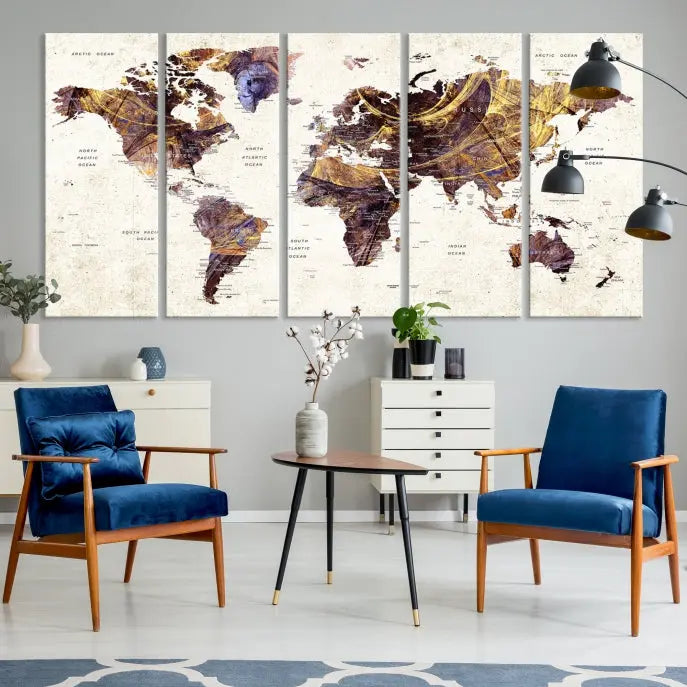 A Watercolor World Map Canvas Print, crafted with museum-quality polycotton canvas and featuring earthy tones, is professionally hand-assembled for a flawless finish. This art piece comes ready to hang, seamlessly merging art with elegance.