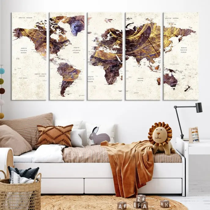 A Watercolor World Map Canvas Print, crafted with museum-quality polycotton canvas and featuring earthy tones, is professionally hand-assembled for a flawless finish. This art piece comes ready to hang, seamlessly merging art with elegance.