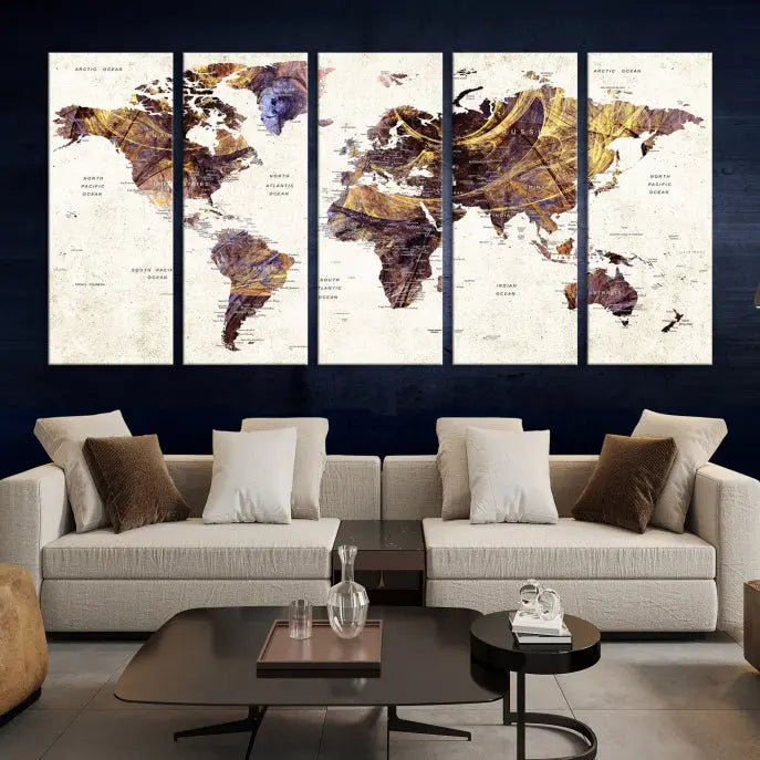 A Watercolor World Map Canvas Print, crafted with museum-quality polycotton canvas and featuring earthy tones, is professionally hand-assembled for a flawless finish. This art piece comes ready to hang, seamlessly merging art with elegance.