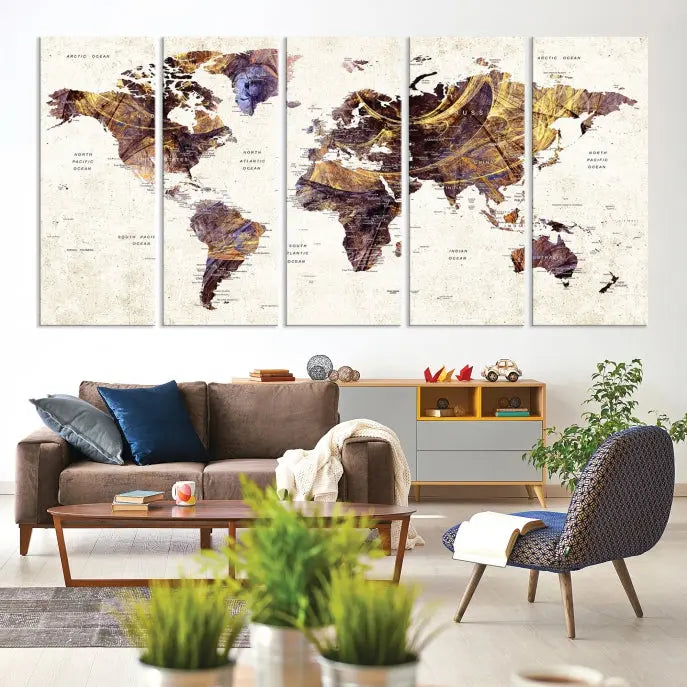 A Watercolor World Map Canvas Print, crafted with museum-quality polycotton canvas and featuring earthy tones, is professionally hand-assembled for a flawless finish. This art piece comes ready to hang, seamlessly merging art with elegance.