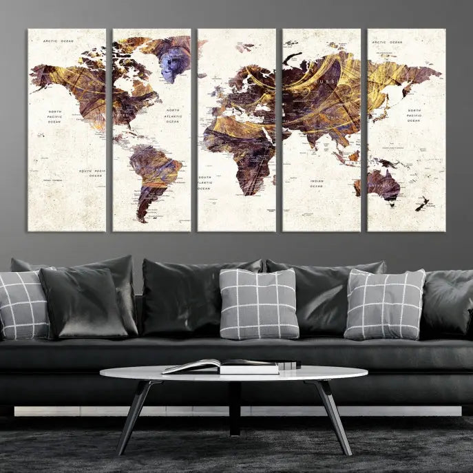 A Watercolor World Map Canvas Print, crafted with museum-quality polycotton canvas and featuring earthy tones, is professionally hand-assembled for a flawless finish. This art piece comes ready to hang, seamlessly merging art with elegance.