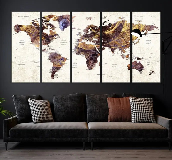 A Watercolor World Map Canvas Print, crafted with museum-quality polycotton canvas and featuring earthy tones, is professionally hand-assembled for a flawless finish. This art piece comes ready to hang, seamlessly merging art with elegance.