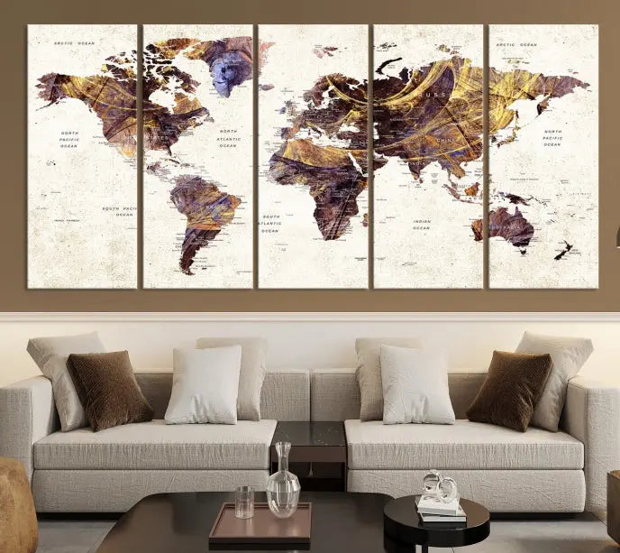 A Watercolor World Map Canvas Print, crafted with museum-quality polycotton canvas and featuring earthy tones, is professionally hand-assembled for a flawless finish. This art piece comes ready to hang, seamlessly merging art with elegance.