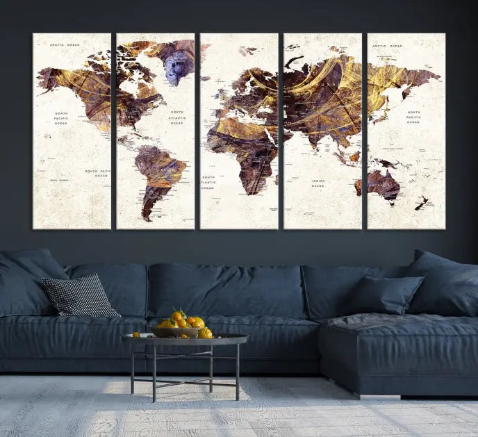 A Watercolor World Map Canvas Print, crafted with museum-quality polycotton canvas and featuring earthy tones, is professionally hand-assembled for a flawless finish. This art piece comes ready to hang, seamlessly merging art with elegance.