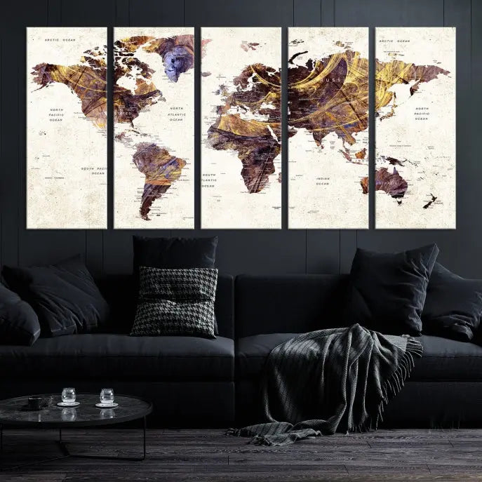 A Watercolor World Map Canvas Print, crafted with museum-quality polycotton canvas and featuring earthy tones, is professionally hand-assembled for a flawless finish. This art piece comes ready to hang, seamlessly merging art with elegance.