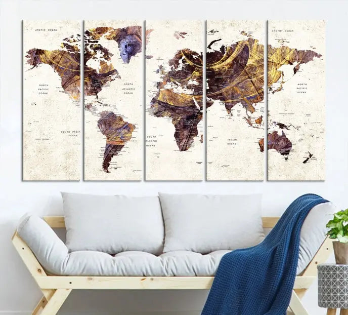 A Watercolor World Map Canvas Print, crafted with museum-quality polycotton canvas and featuring earthy tones, is professionally hand-assembled for a flawless finish. This art piece comes ready to hang, seamlessly merging art with elegance.