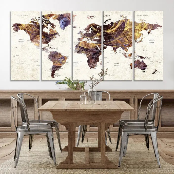 A Watercolor World Map Canvas Print, crafted with museum-quality polycotton canvas and featuring earthy tones, is professionally hand-assembled for a flawless finish. This art piece comes ready to hang, seamlessly merging art with elegance.