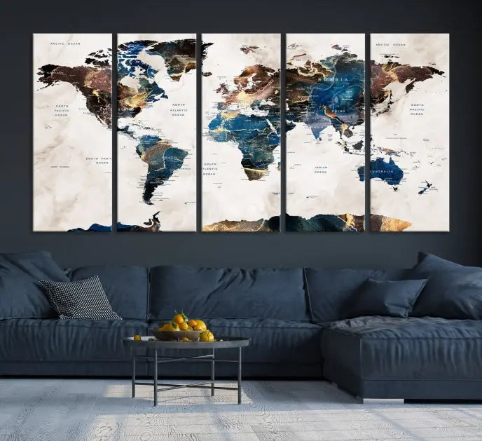 The Watercolor World Map Wall Art Canvas Print, a captivating three-panel artwork with a museum-quality finish and UV-protective coating, is stylishly displayed in the modern room.