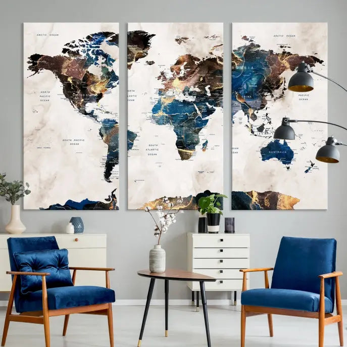 The Watercolor World Map Wall Art Canvas Print, a captivating three-panel artwork with a museum-quality finish and UV-protective coating, is stylishly displayed in the modern room.