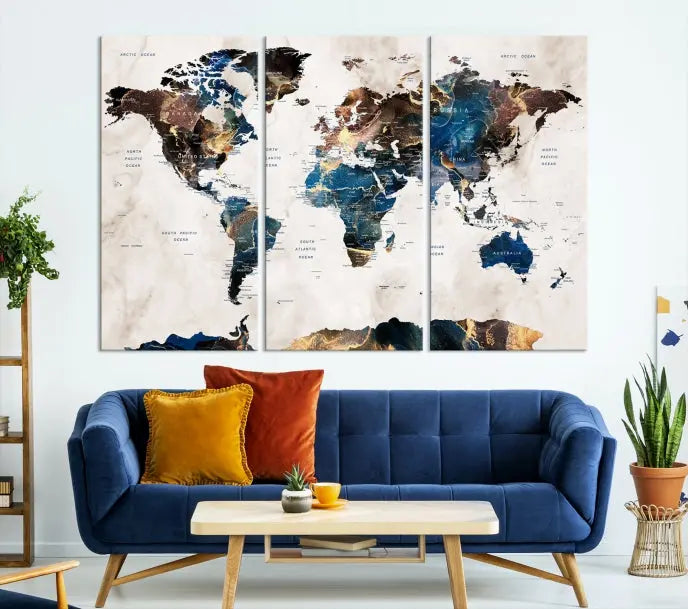 The Watercolor World Map Wall Art Canvas Print, a captivating three-panel artwork with a museum-quality finish and UV-protective coating, is stylishly displayed in the modern room.