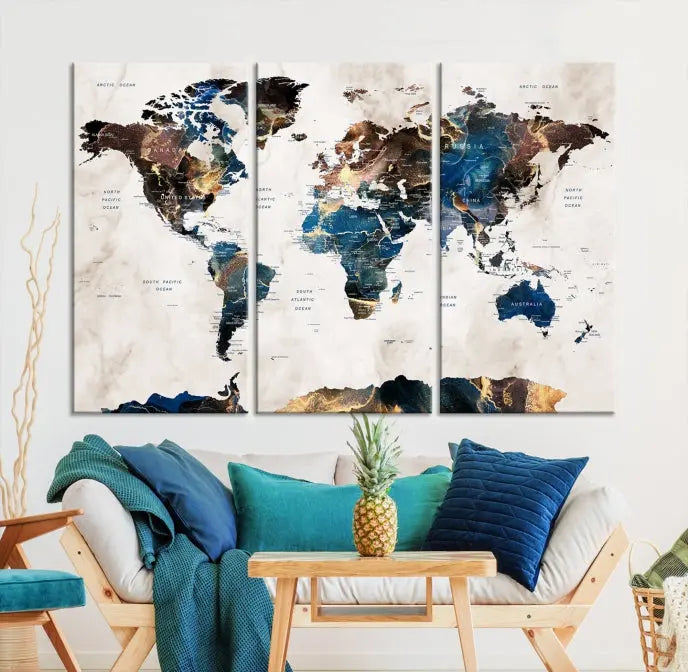 The Watercolor World Map Wall Art Canvas Print, a captivating three-panel artwork with a museum-quality finish and UV-protective coating, is stylishly displayed in the modern room.