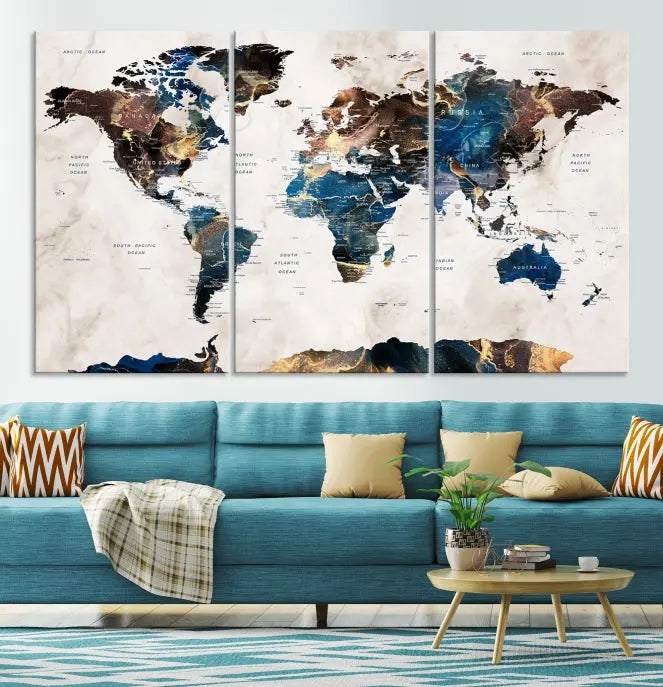 The Watercolor World Map Wall Art Canvas Print, a captivating three-panel artwork with a museum-quality finish and UV-protective coating, is stylishly displayed in the modern room.