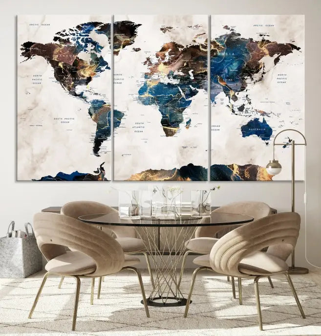 The Watercolor World Map Wall Art Canvas Print, a captivating three-panel artwork with a museum-quality finish and UV-protective coating, is stylishly displayed in the modern room.