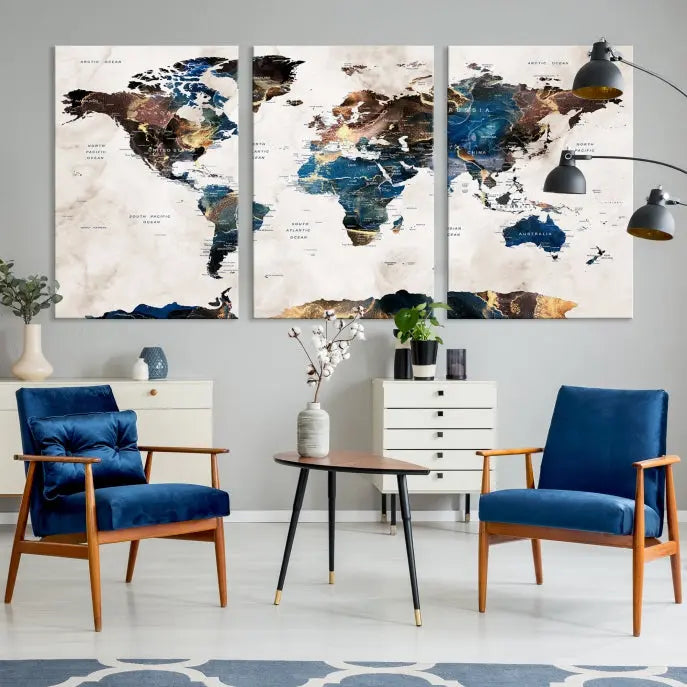 The Watercolor World Map Wall Art Canvas Print, a captivating three-panel artwork with a museum-quality finish and UV-protective coating, is stylishly displayed in the modern room.