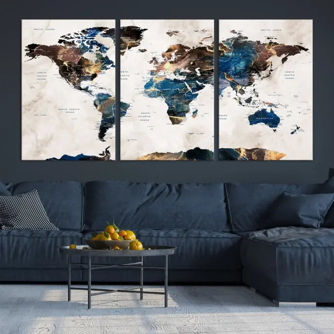 The Watercolor World Map Wall Art Canvas Print, a captivating three-panel artwork with a museum-quality finish and UV-protective coating, is stylishly displayed in the modern room.