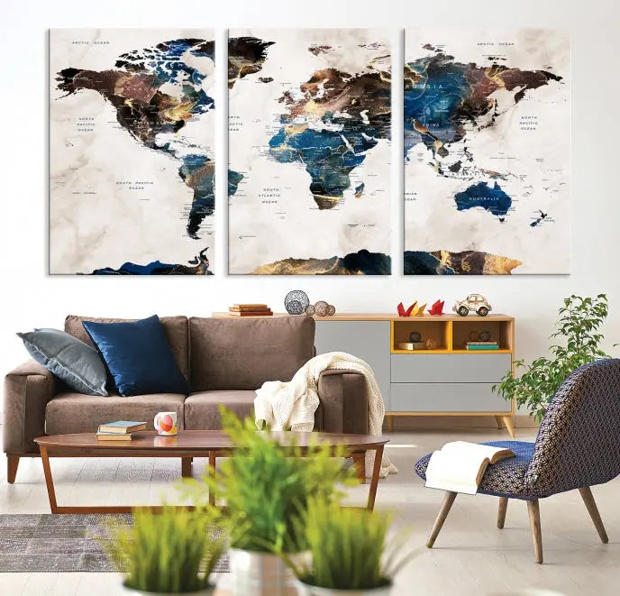 The Watercolor World Map Wall Art Canvas Print, a captivating three-panel artwork with a museum-quality finish and UV-protective coating, is stylishly displayed in the modern room.