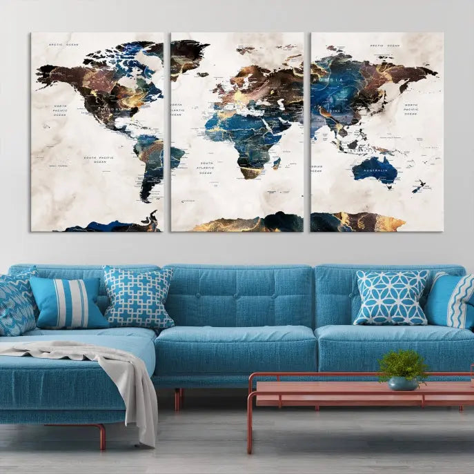 The Watercolor World Map Wall Art Canvas Print, a captivating three-panel artwork with a museum-quality finish and UV-protective coating, is stylishly displayed in the modern room.