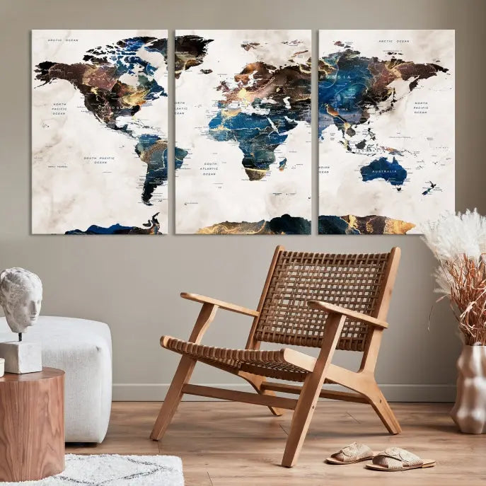 The Watercolor World Map Wall Art Canvas Print, a captivating three-panel artwork with a museum-quality finish and UV-protective coating, is stylishly displayed in the modern room.