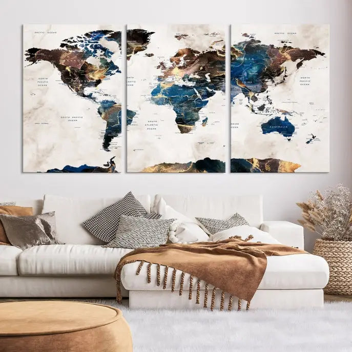 The Watercolor World Map Wall Art Canvas Print, a captivating three-panel artwork with a museum-quality finish and UV-protective coating, is stylishly displayed in the modern room.