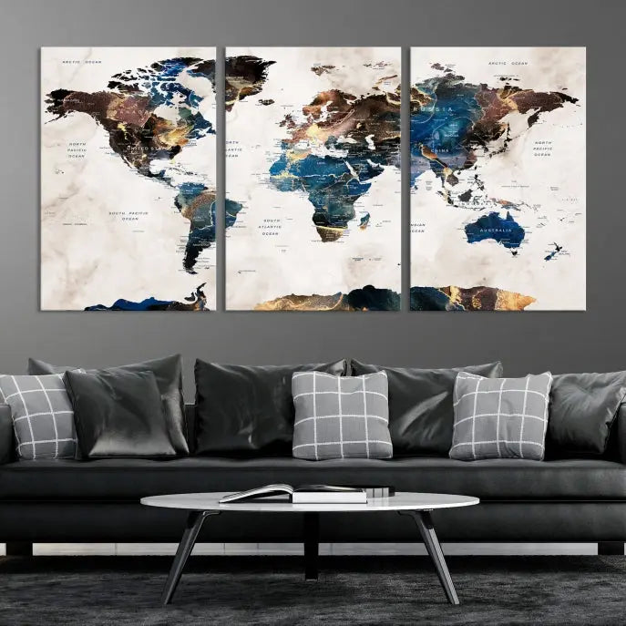 The Watercolor World Map Wall Art Canvas Print, a captivating three-panel artwork with a museum-quality finish and UV-protective coating, is stylishly displayed in the modern room.