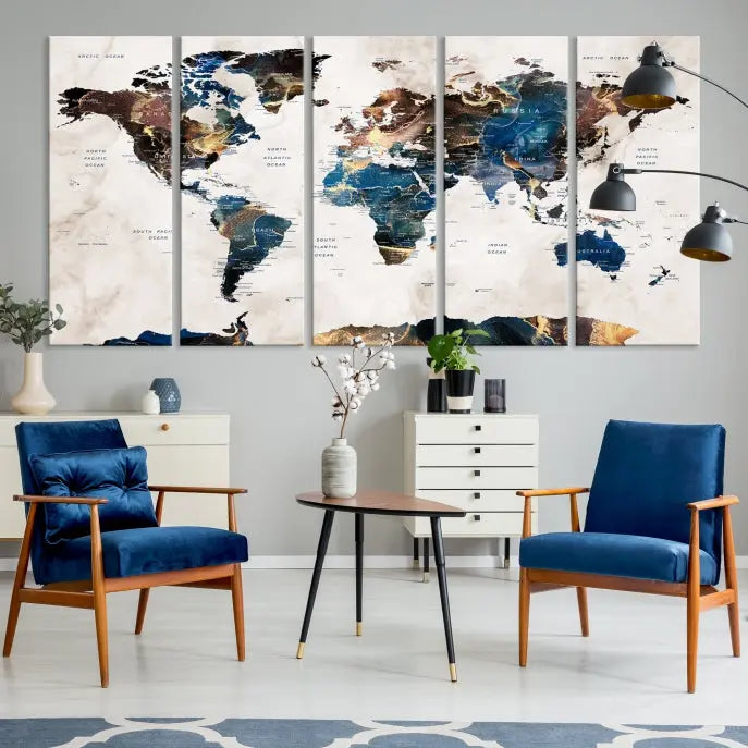 The Watercolor World Map Wall Art Canvas Print, a captivating three-panel artwork with a museum-quality finish and UV-protective coating, is stylishly displayed in the modern room.