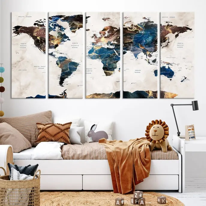 The Watercolor World Map Wall Art Canvas Print, a captivating three-panel artwork with a museum-quality finish and UV-protective coating, is stylishly displayed in the modern room.