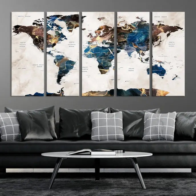 The Watercolor World Map Wall Art Canvas Print, a captivating three-panel artwork with a museum-quality finish and UV-protective coating, is stylishly displayed in the modern room.