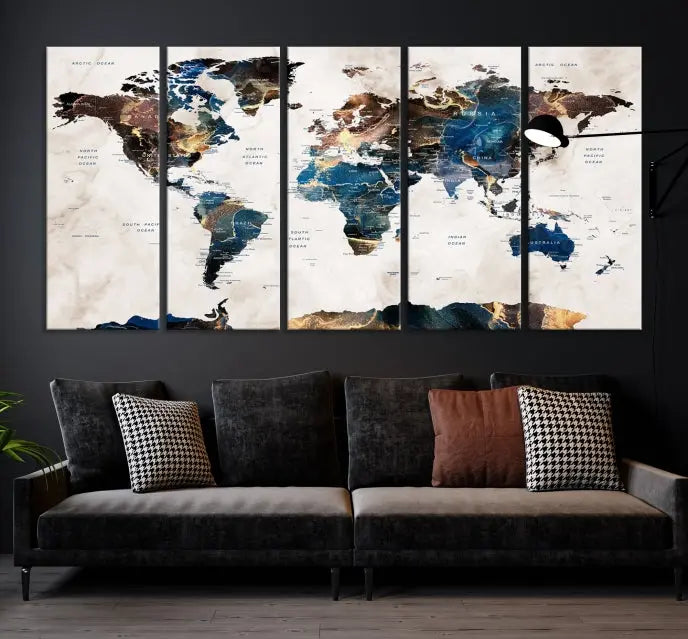 The Watercolor World Map Wall Art Canvas Print, a captivating three-panel artwork with a museum-quality finish and UV-protective coating, is stylishly displayed in the modern room.