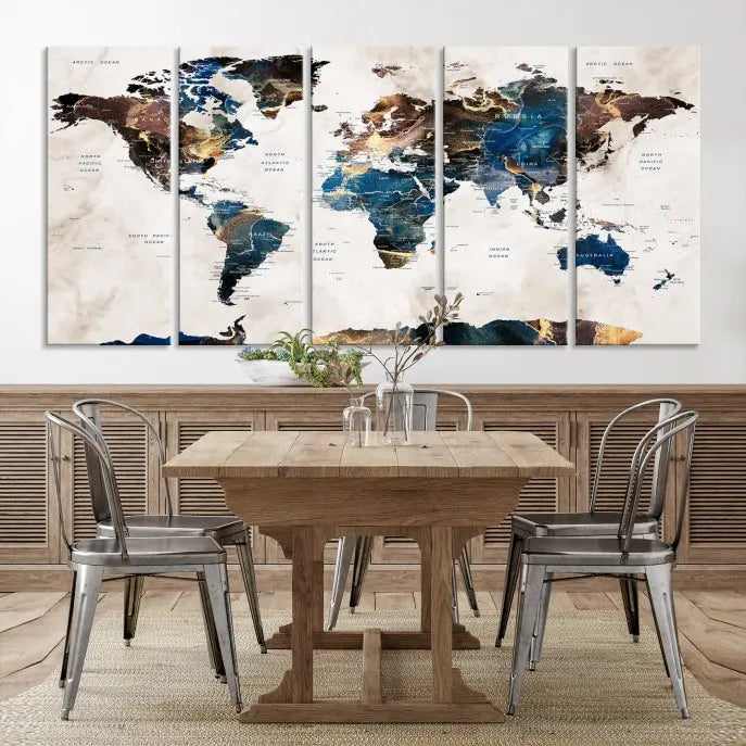 The Watercolor World Map Wall Art Canvas Print, a captivating three-panel artwork with a museum-quality finish and UV-protective coating, is stylishly displayed in the modern room.