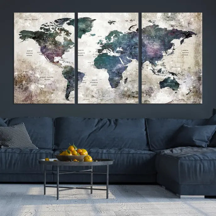 A Watercolor World Map Wall Art Canvas Print, designed in a vintage style on museum-quality canvas, hangs in the modern living room.