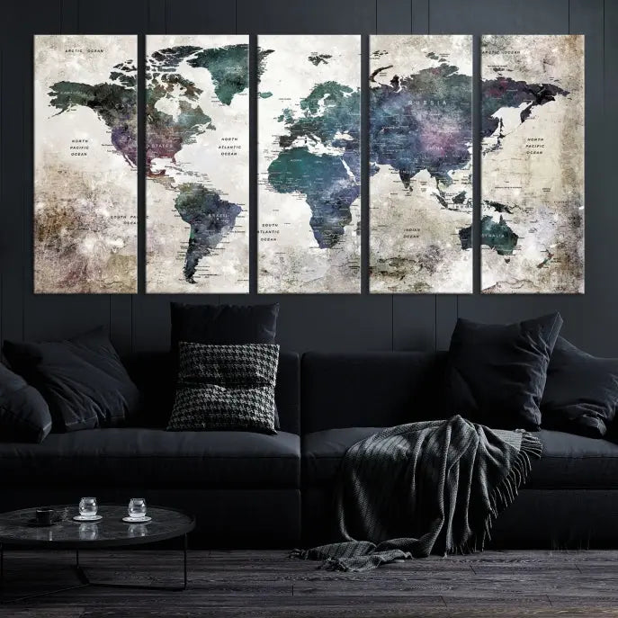 A Watercolor World Map Wall Art Canvas Print, designed in a vintage style on museum-quality canvas, hangs in the modern living room.