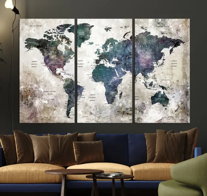 A Watercolor World Map Wall Art Canvas Print, designed in a vintage style on museum-quality canvas, hangs in the modern living room.