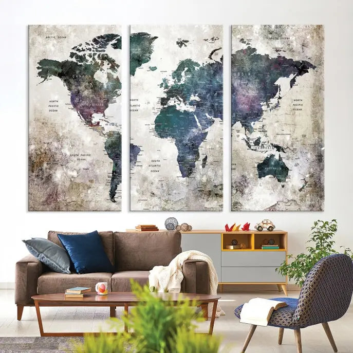 A Watercolor World Map Wall Art Canvas Print, designed in a vintage style on museum-quality canvas, hangs in the modern living room.