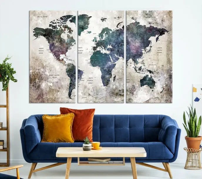 A Watercolor World Map Wall Art Canvas Print, designed in a vintage style on museum-quality canvas, hangs in the modern living room.